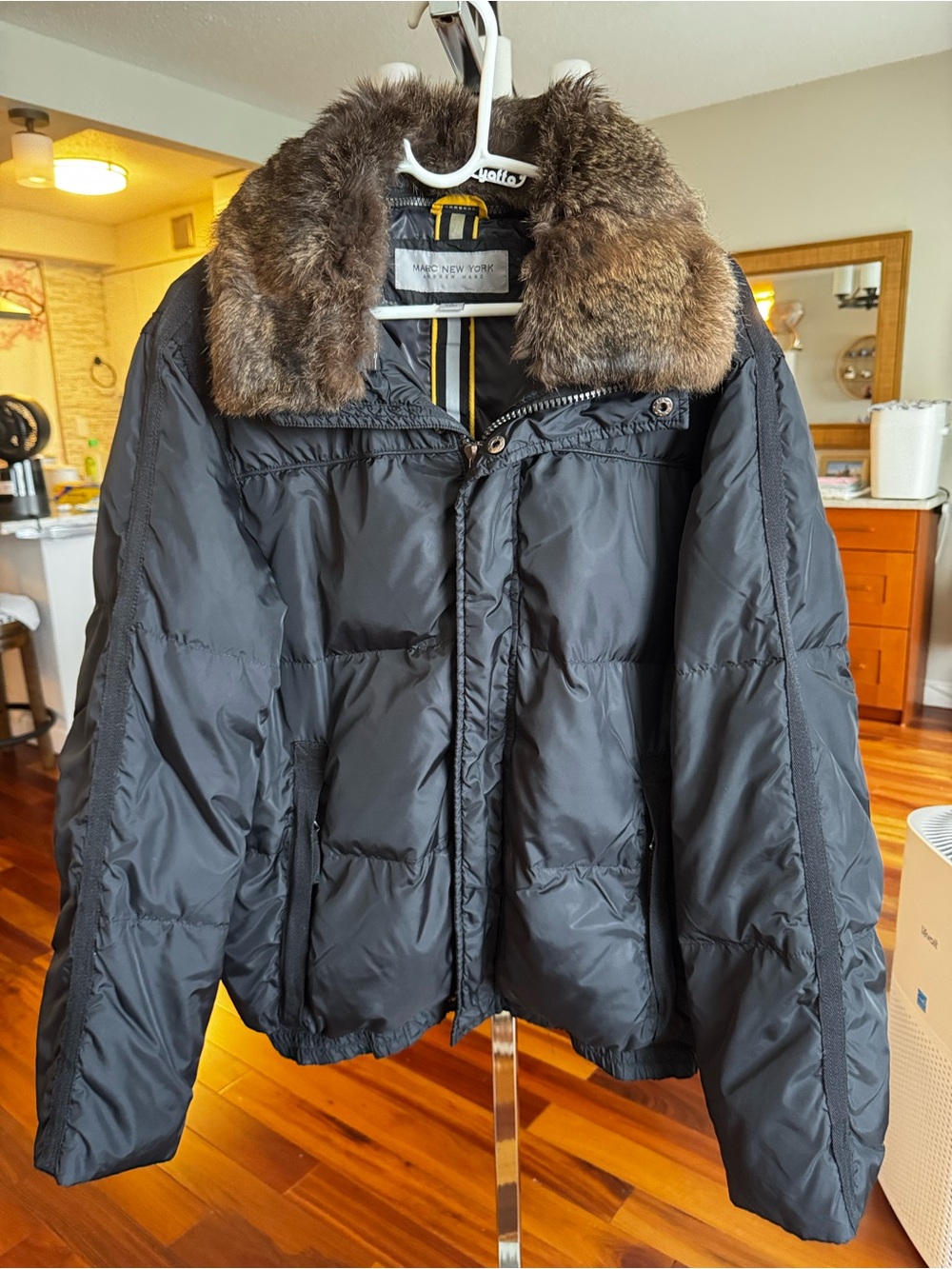 Marc New York Black Puffer Jacket with Brown Fur Collar